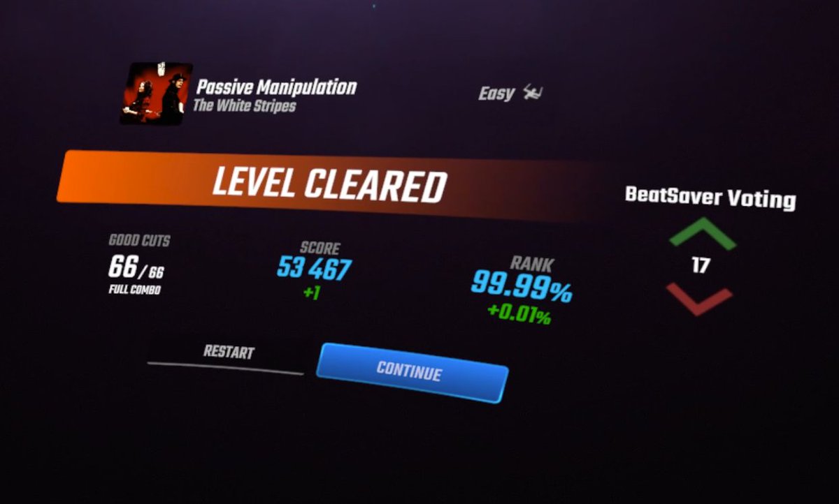I believe this is the first ever legitimate 99.99% on a map in Beat Saber. Only one 114 left to remove 🙏