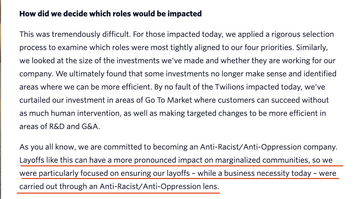 christopherrufo's tweet photo. The white CEO of the tech firm Twilio just conducted layoffs "through an Anti-Racist/Anti-Oppression lens." Critical race theory is eating through your HR department and deliberately penalizing whites, Asians, and men.
https://t.co/XqkVhTRoyz https://t.co/6vGycGHRox