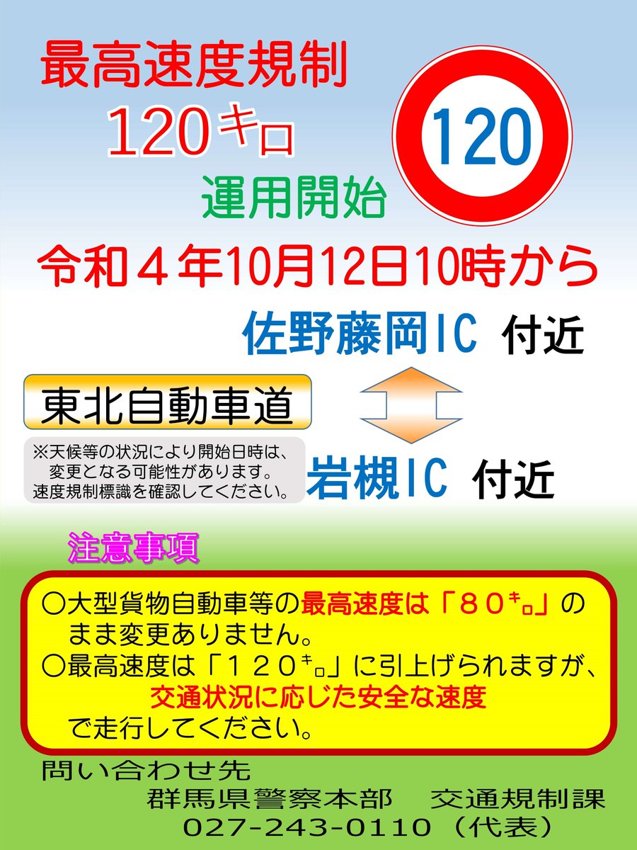 東北自動車道の一部区間で最高速度が120キロに】 10月12日（水）午前10
