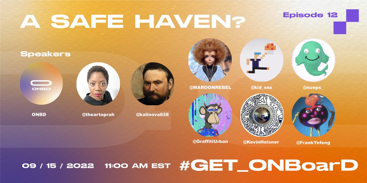 ONBD (@onbd_art) on Twitter photo GET_ONBoarD 12: A SAFE HAVEN?
❓Do we need a safe space to explore the metaverse’s possibilities?
⏰ 9/15 11 am ET
🙋♀️🙋 Heard it from curators <a href="/apzine/">Arcade Project</a> <a href="/theartoprah/">M Charlene Stevens</a> <a href="/kalinova828/">Roman Kalinovski de Kalinova 𓄿</a> and artists <a href="/MAROONREBEL/">RENEE COX</a> <a href="/kid_snz/">SHINJI MURAKAMI</a> <a href="/nueps_/">✧ nueps ✧</a> @GraffitiUrban <a href="/KevinHeisner/">ShlumperTW</a> <a href="/FrankYefeng/">Beuys_Bunny</a> GET_ONBoarD 12: A SAFE HAVEN?
❓Do we need a safe space to explore the metaverse’s possibilities?
⏰ 9/15 11 am ET
🙋♀️🙋 Heard it from curators <a href="/apzine/">Arcade Project</a> <a href="/theartoprah/">M Charlene Stevens</a> <a href="/kalinova828/">Roman Kalinovski de Kalinova 𓄿</a> and artists <a href="/MAROONREBEL/">RENEE COX</a> <a href="/kid_snz/">SHINJI MURAKAMI</a> <a href="/nueps_/">✧ nueps ✧</a> @GraffitiUrban <a href="/KevinHeisner/">ShlumperTW</a> <a href="/FrankYefeng/">Beuys_Bunny</a>