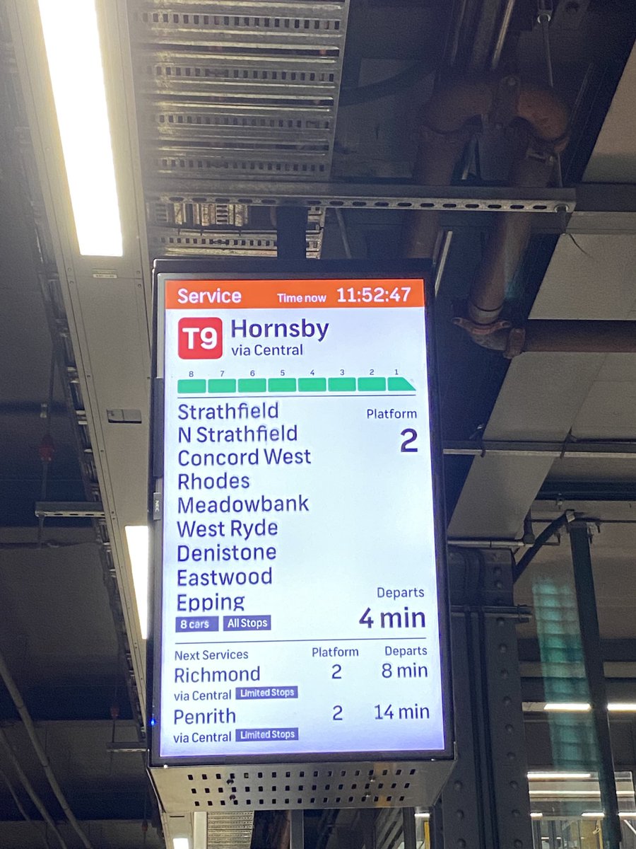 vishnukvs's tweet photo. The train notices have a visual showing how full each carriage on the incoming train is! How did I never notice this...⁦@cityofsydney⁩ #sydney #sydneytrains https://t.co/g5o9BzOjew