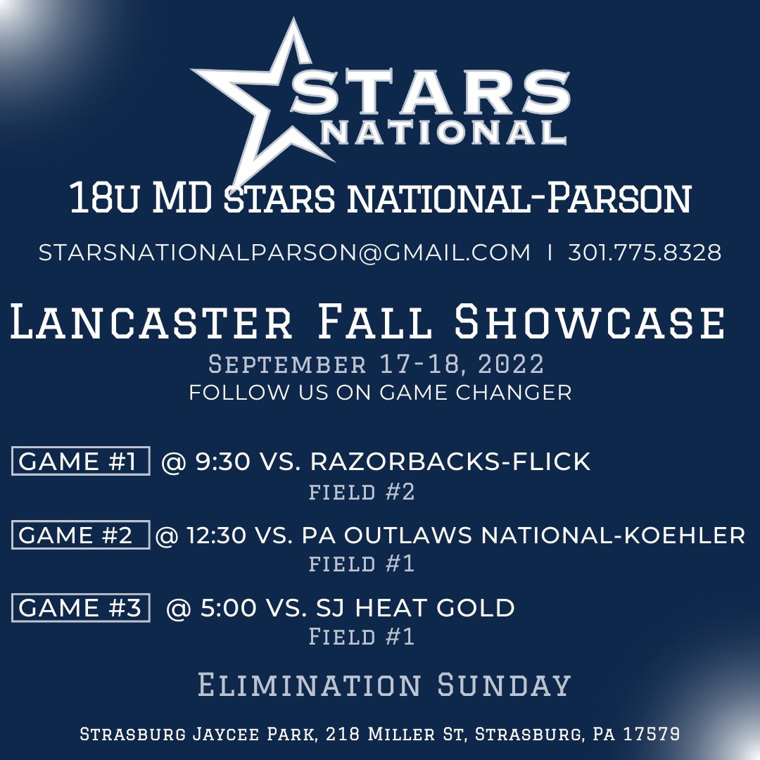 ⭐️Lancaster Fall Showcase Weekend Schedule⭐️ <a href="/MDStarsAultWis/">MD Stars Fastpitch 18U- Ault/Wisniewski</a> <a href="/starsnationalfp/">Stars Organization</a>