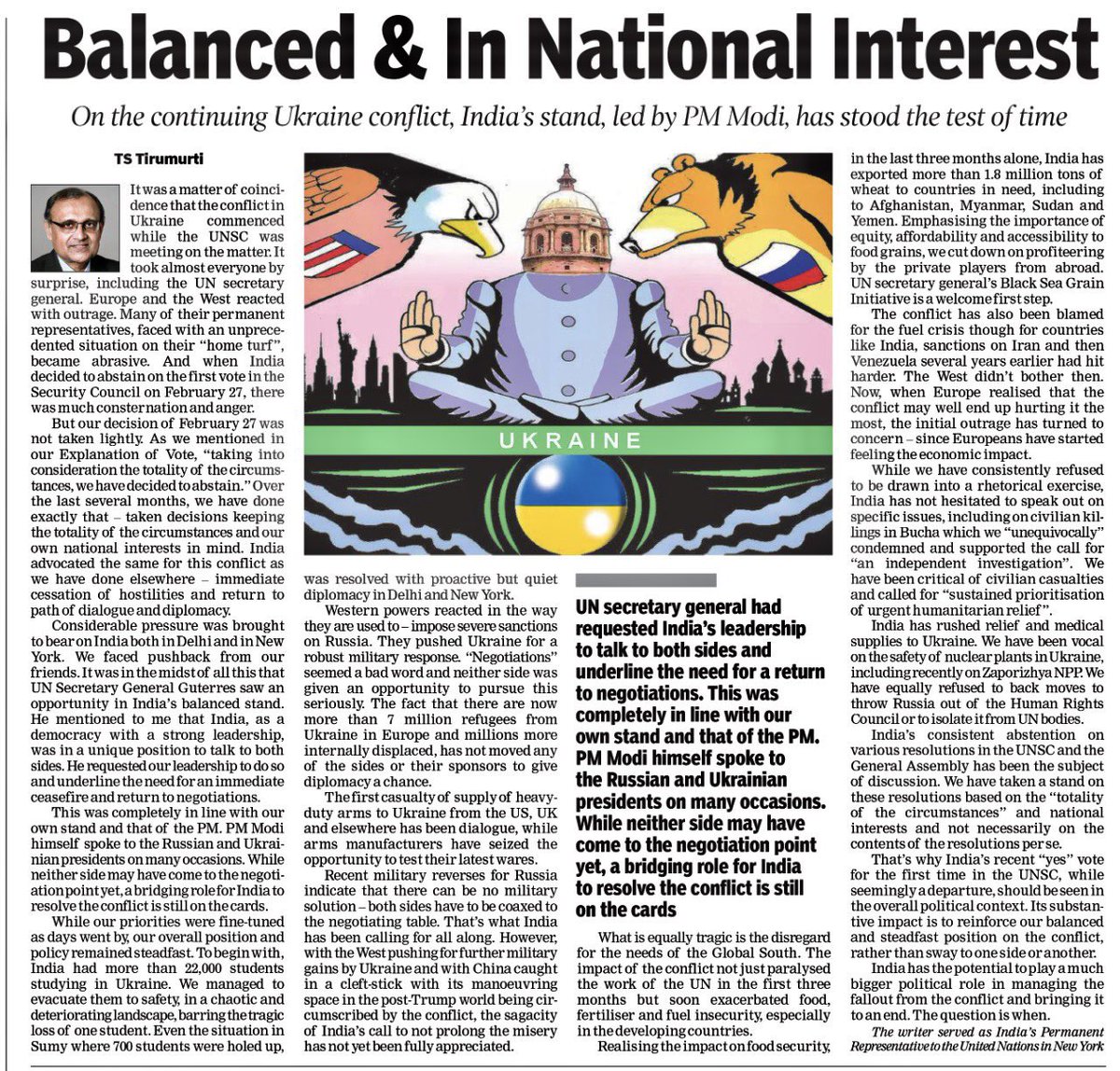 ambtstirumurti's tweet photo. My article in @timesofindia on India’s balanced stand on #Ukraine️ conflict

India is more relevant now with its advocacy of immediate cessation of hostilities and of dialogue &amp; diplomacy, even as parties &amp; backers pursue military option

#GlobalSouth bears brunt of fallout ⬇️ https://t.co/mWQRZtgLG7
