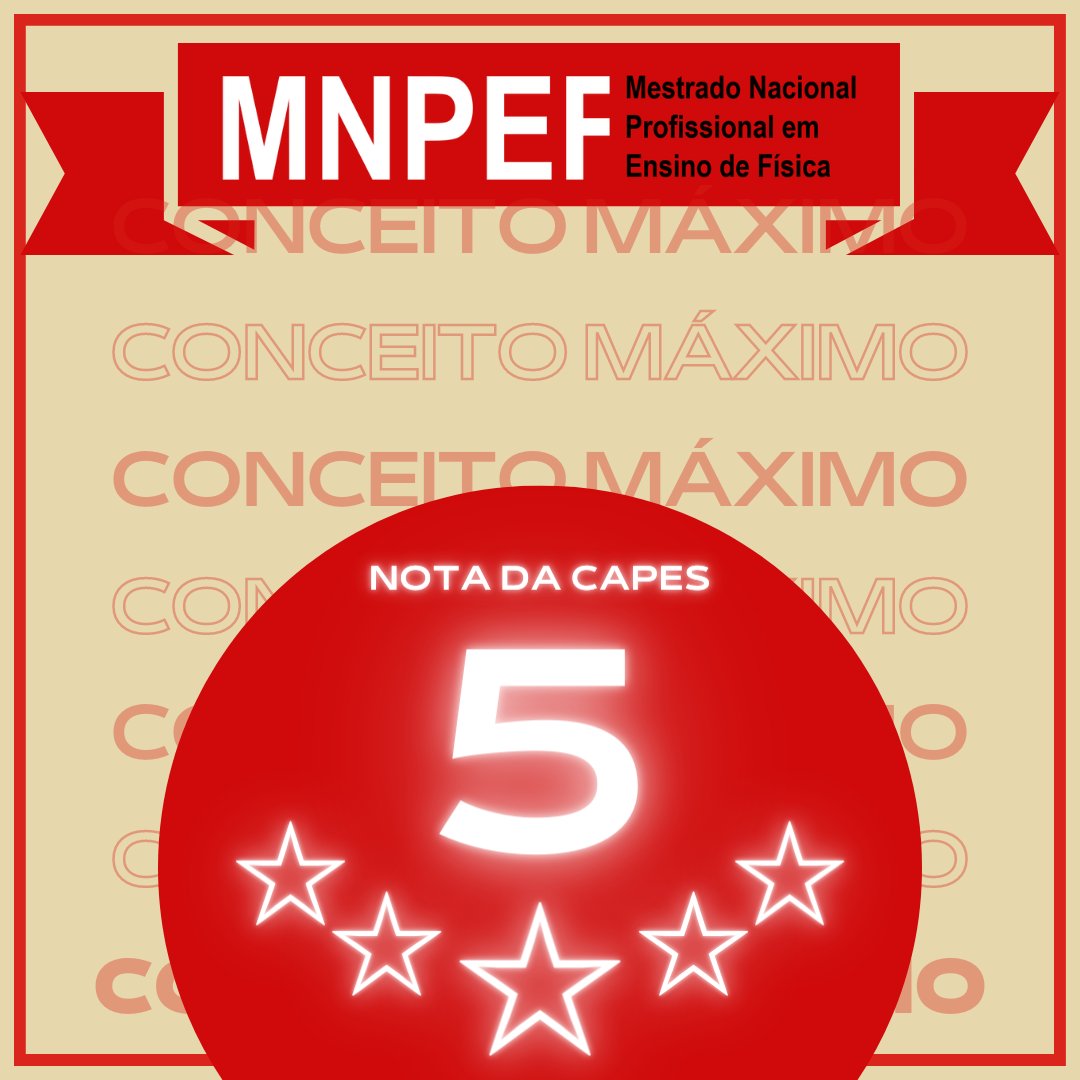 MnpefS's tweet photo. SOMOS CONCEITO MÁXIMO!
É com muita satisfação que o Mestrado Nacional Profissional em Ensino de Física vem a público divulgar a nota 5 na última avaliação quadrienal da capes, Esse resultado é de um amplo trabalho envolvendo cada um de nossos polos!
Parabéns MNPEF! https://t.co/XsDACb6fTa