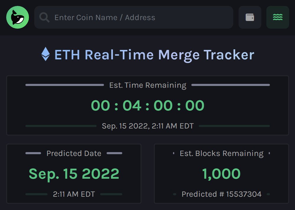 WatcherGuru's tweet photo. JUST IN: 4 hours and 1,000 blocks remain until #Ethereum merges to proof-of-stake. https://t.co/z1sRXgfFBK