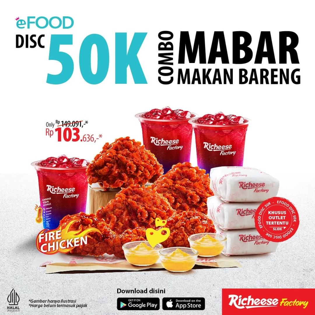 GetDiskon's tweet photo. Nikmati DISKON 50 RIBU setiap pembelian COMBO MABAR FIRE CHICKEN melalui aplikasi eFOOD @edot.food. Dari Rp 149.091 sekarang hanya Rp 103.636 ajaa!

Cek S&amp;K:
https://t.co/z3rVAuZtHd

#promo #getdiskon #richeesefactory https://t.co/xBgwi4ctY9