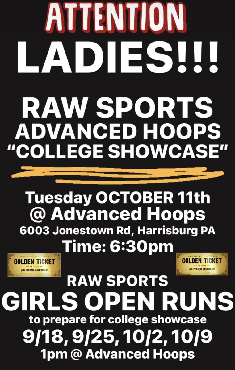 BigStarRawSport's tweet image. ATTENTION LADIES!!
RAW SPORTS &amp;amp; ADVANCED HOOPS College Showcase coming 10/11/22 6:30pm @ Advanced Hoops 

Ladies “OPEN RUNS” 9/18, 9/25, 10/2, 10/9 🏀 @ Advanced Hoops 1PM  

GOLDEN TICKET INVITES FOR THE COLLEGE SHOWCASE COMING SOON 🎫 

#RawSports #AdvancedHoops @basketball