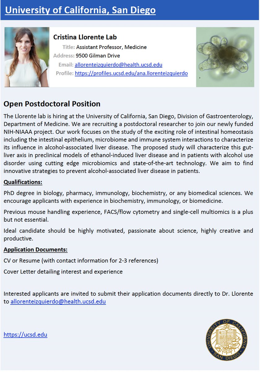 Are You Passionate about Science and Looking for a Postdoctoral Position?  Contact allorenteizquierdo@health.ucsd.edu

#recruiting #hiring #postdoc #postdoctoral #UCSanDiego #microbiome #intestinalmicrobiome #Liver #AASLD #alcoholassociatedliverdisease #NASH #NAFLD #gutliveraxis