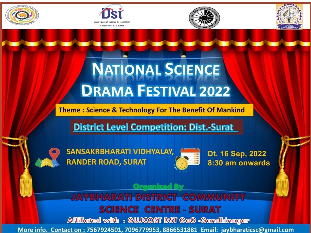 CSCSurat's tweet photo. #Drama on Science is a platform for given a #effectivemessages to public on any sub. or Issue. &amp; developing creativity &amp; ability of art in students  
    CSC surat &amp; #Gujarat r organizing Science Drama competition for school students
@narottamsahoo @dstGujarat https://t.co/J0qPCLCNnN