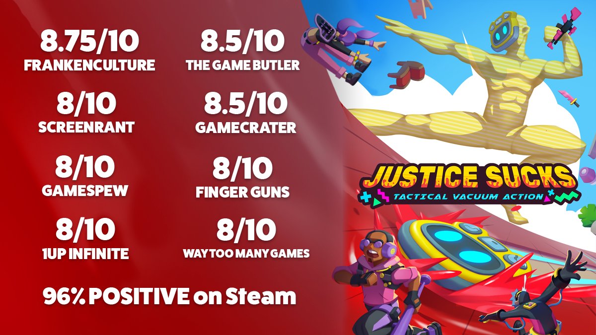 The reviews are in and JUSTICE SUCKS doesn’t suck! Join Dusty and Sexy McClean on the journey of a lifetime, now available on PC and consoles! 🤖♥

Steam: store.steampowered.com/app/856890/JUS…
Switch: nintendo.com/store/products…
PlayStation: store.playstation.com/en-au/concept/…
Xbox: xbox.com/en-AU/games/st…