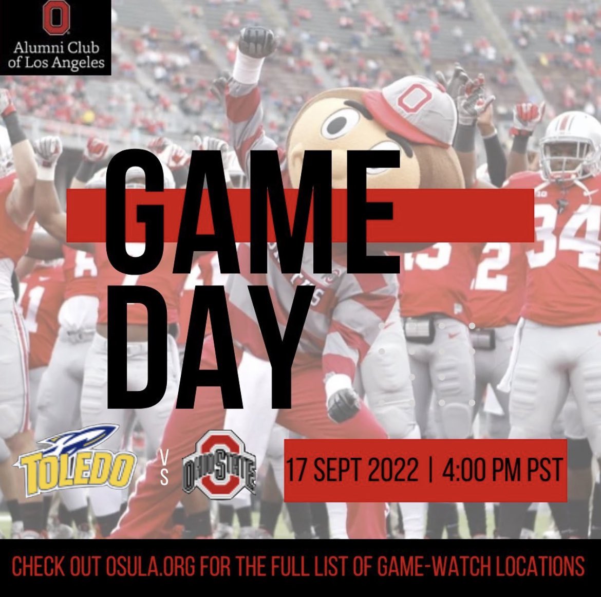 OSU_LA's tweet photo. Join @OSU_LA this Saturday, Sept. 17 at 4 p.m. PT, to watch #3 Ohio State vs. Toledo at any one of our 8 Game-Watch locations around Los Angeles (listed at https://t.co/tgptWBlvZv). See you there! #GoBucks #BeatRockets #BuckeyeForLife 😎🙌🙏🌰 https://t.co/R1Tj2tiIZz