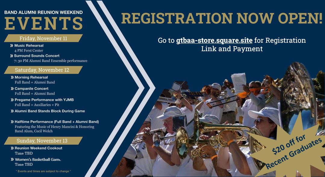 gtbaa's tweet photo. Join us as we take part in the "Georgia Tech Tradition and Pageantry" for Alumni Band Weekend 2022!

Registration and Payment Link: https://t.co/BkFjMMOwTv https://t.co/x98Bvkowr1