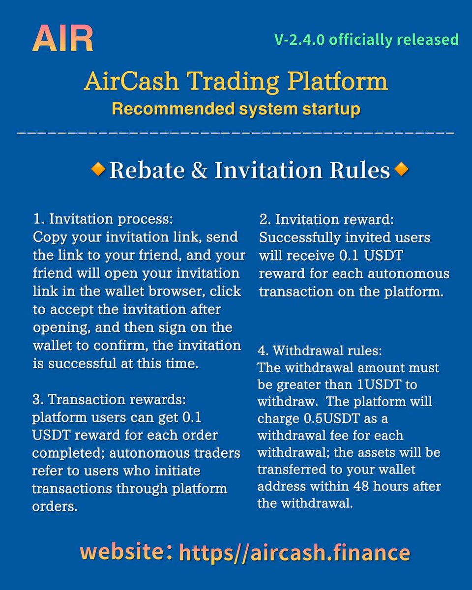 #AirCash 2.4.0 is officially released, with new referral rewards: After the invitee enters #AirCash through the inviter's invitation link, the referral reward relationship will be permanently bound. You will get a few dollars in referral rewards, real pipeline benefits!