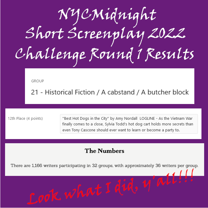 ariestess69's tweet image. Welp, Round 1 results for the @nycmidnight #ShortScreenplayChallenge2022 are out. The top 15 in each group got points. 

I PLACED 12TH IN MY GROUP WITH MY SWEETIE TODD RIFF!!!