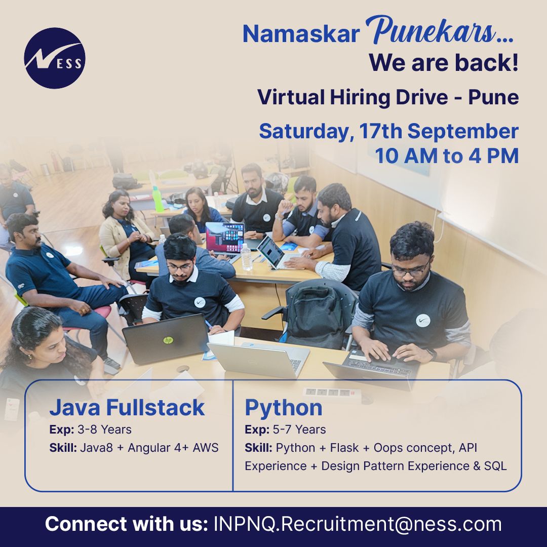 india_ness's tweet photo. #WeAreHiring 
Virtual Hiring Drive - Pune on 17th September 2022

Send us your updated resume on: INPNQ.Recruitment@ness.com
 #HiringDrive #javafullstack #Python

Explore 100+opportunities with us: https://t.co/44sgeajnVH https://t.co/opKT5f1pFz
