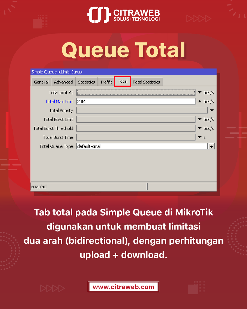 citraweb_com's tweet image. Total adalah fitur di simple queue yang dapat digunakan untuk limitasi secara dua arah. Sehingga kita bisa menentukan berapa akumulasi traffic upload + download yang bisa dicapai oleh client.

#Queue #Bandwidthmanajemen   #MikrotikTutorial #Citraweb #MikroTik #CST