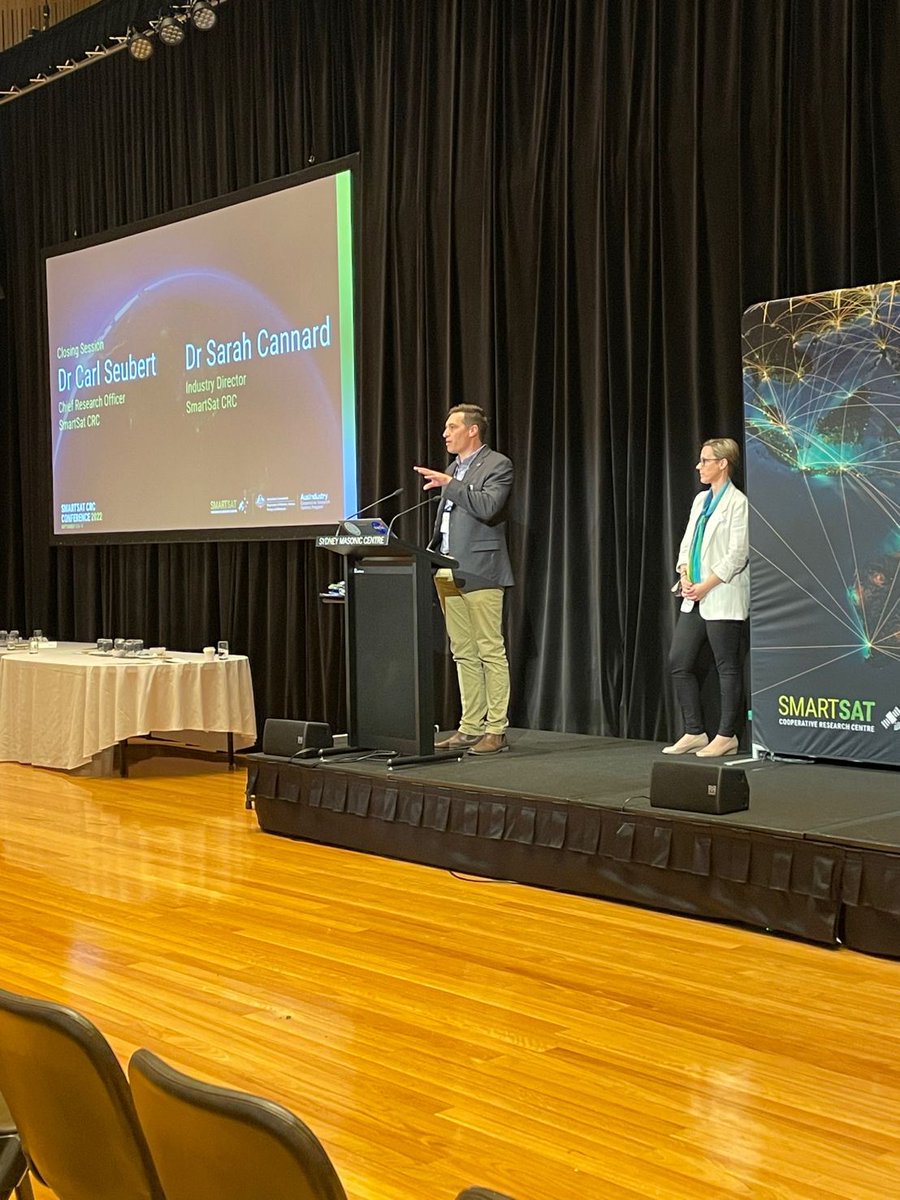 SmartSatCRC's tweet photo. What an amazing couple of days at the @SmartSatCRC Conference 2022! The closing session featured a final word from CEO, Professor @AndyKoronios, Chief Research Officer, Dr Carl Seubert and Industry Director, Dr Sarah Cannard!

#SSCRC22 #AuSpace #SpaceIndustry #Satellite #Event https://t.co/P0ESCYEcia