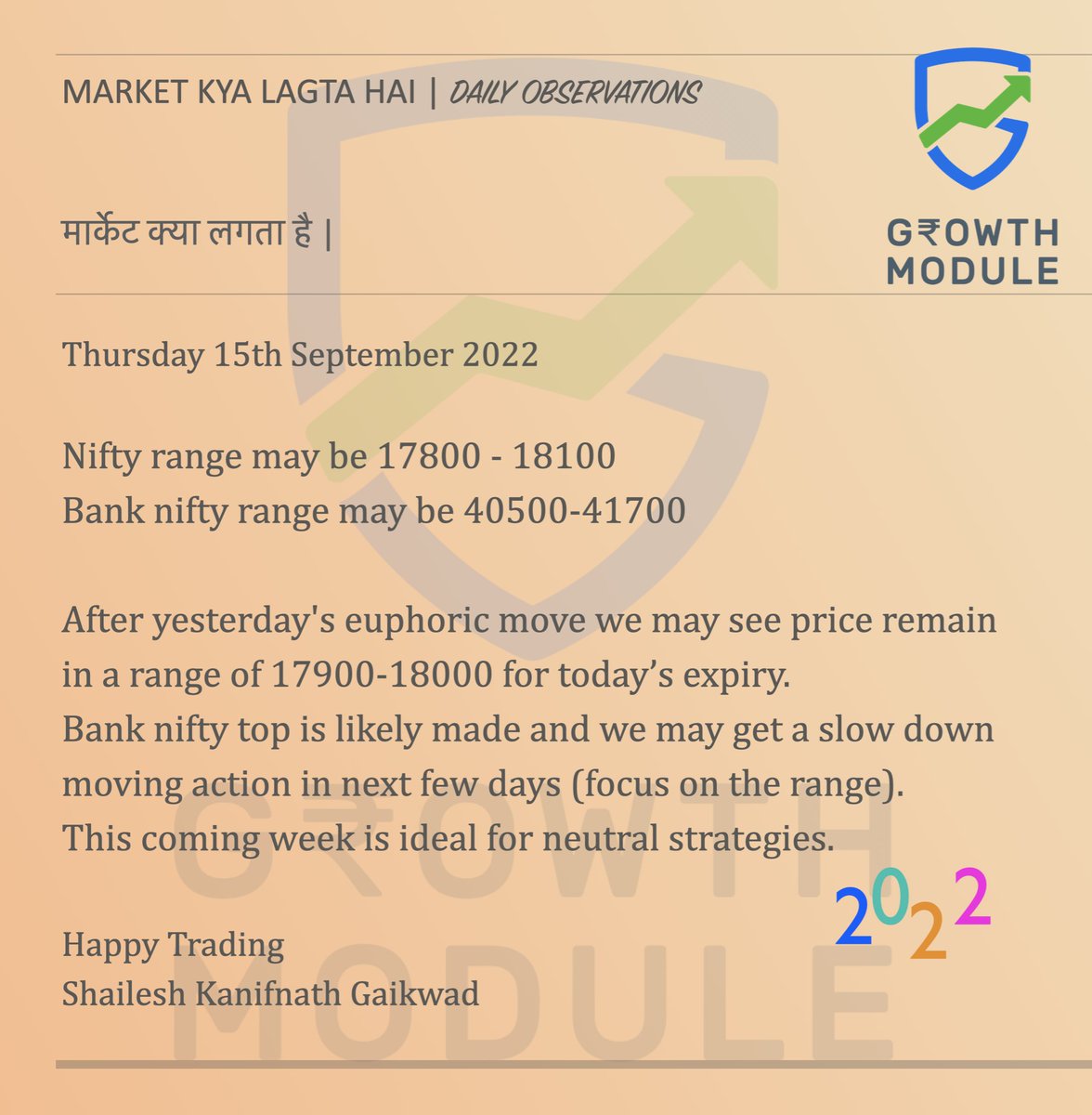 GrowthModule's tweet image. Thursday Expiry 
Today we may Nifty open and close around the same level. with not much action. 
The range for the day can be 17900-18000
So option buyers, be reluctant to enter.
Chill.😄
#nifty #banknifty #niftyoptions #bankniftyoptions