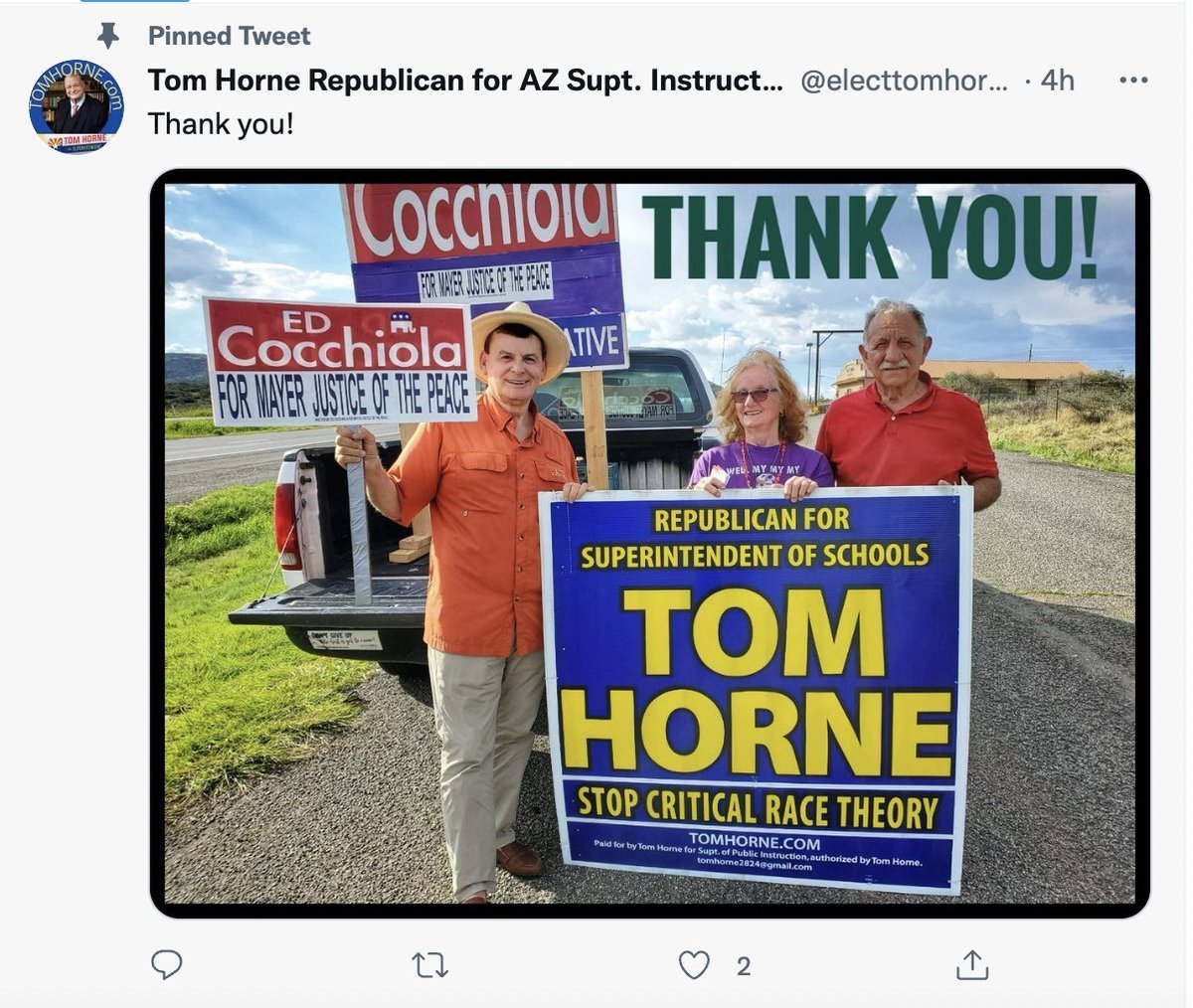leewah's tweet photo. @RobertGundran The photograph of child molester David Stringer with Tom Horne's campaign signs? Horne made it his pinned tweet. Disgusting and disqualifying. #AZSPI #AZSuper #ChildRapist https://t.co/cCFCwBTwV6