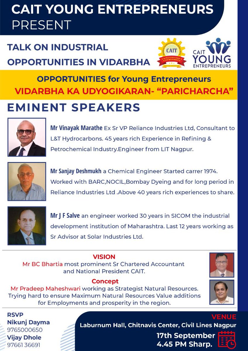 VijayDhole's tweet photo. *One OPPORTUNITY used wisely can change your life dramatically* 

CAIT  YOUNG ENTREPRENEURS  PRESENTS

*TALK  ON INDUSTRIAL  OPPORTUNITIES IN VIDARBHA* 
Opportunities  for young entrepreneurs. 

For registration go to link:
https://t.co/md6G9WWr6H https://t.co/pCDSDOYlPA