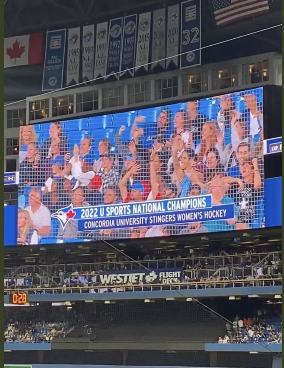 The 2022 U SPORTS Champion Concordia Stingers WHKY team were honoured at the Blue Jays game tonight.

They are the opponent for the TMU Bold’s Homecoming Game tomorrow night. 

📸 <a href="/Concordia_WH/">Concordia Stingers Women’s Hockey</a> Instagram