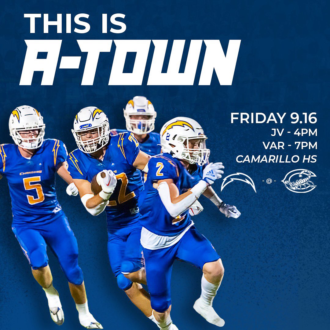 Atownfootball's tweet photo. This Friday Chargers at Camarillo first league game of the season! Get your tickets now at https://t.co/Ay5qU0woTX #BeLikeCarter #fridaynightlights #brickbybrick @CoachCroick @AHS_Chargers @TheAcornSports @vcspreps https://t.co/a0g8yMWeuD