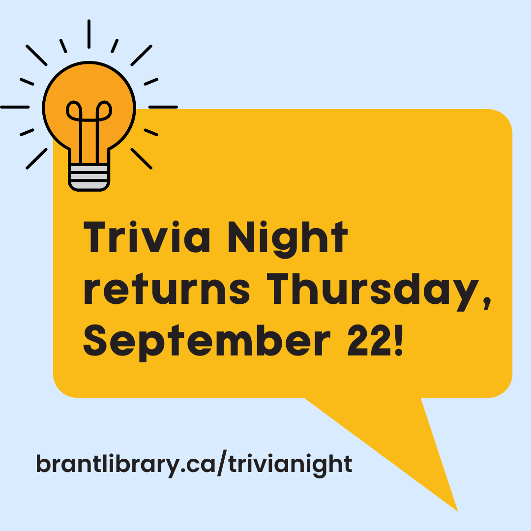 brantlibrary's tweet photo. Trivia Night is back Thursdays at 7:30 PM beginning next week on September 22!

Visit https://t.co/VL90RvUTBv (link in bio) and challenge family and friends to four exciting rounds of questions.

#BrantLibrary #LibraryTriviaNight #FunWithTheLibrary https://t.co/QwxSKBsYwr