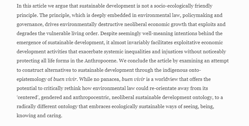 Latest publication online! And it's Open Access! 

'Environmental Law and the Unsustainability of Sustainable Development: A Tale of Disenchantment and of Hope' by <a href="/KotzeProfessor/">Professor Louis Kotzé</a> and Sam Adelman link.springer.com/article/10.100…