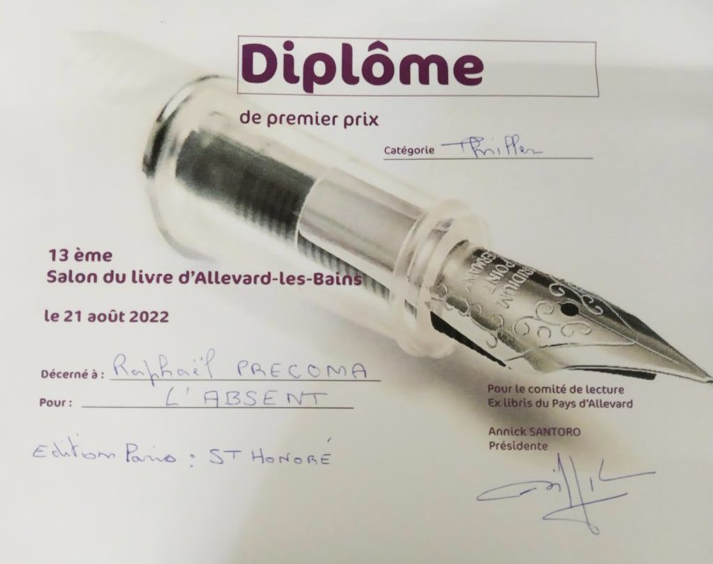 PrecomaRaphael's tweet photo. Bonjour à toutes et à tous. Je vous donne rendez-vous à Pusignan, tout le week-end, pour ma rentrée littéraire, avec un petit plus, puisque L’Absent a obtenu le 1re prix du roman Thriller, pour le Comité Ex Libris d’Allevard. Venez nombreux partager un bon moment. Belle journée. https://t.co/CzJfA2YATD