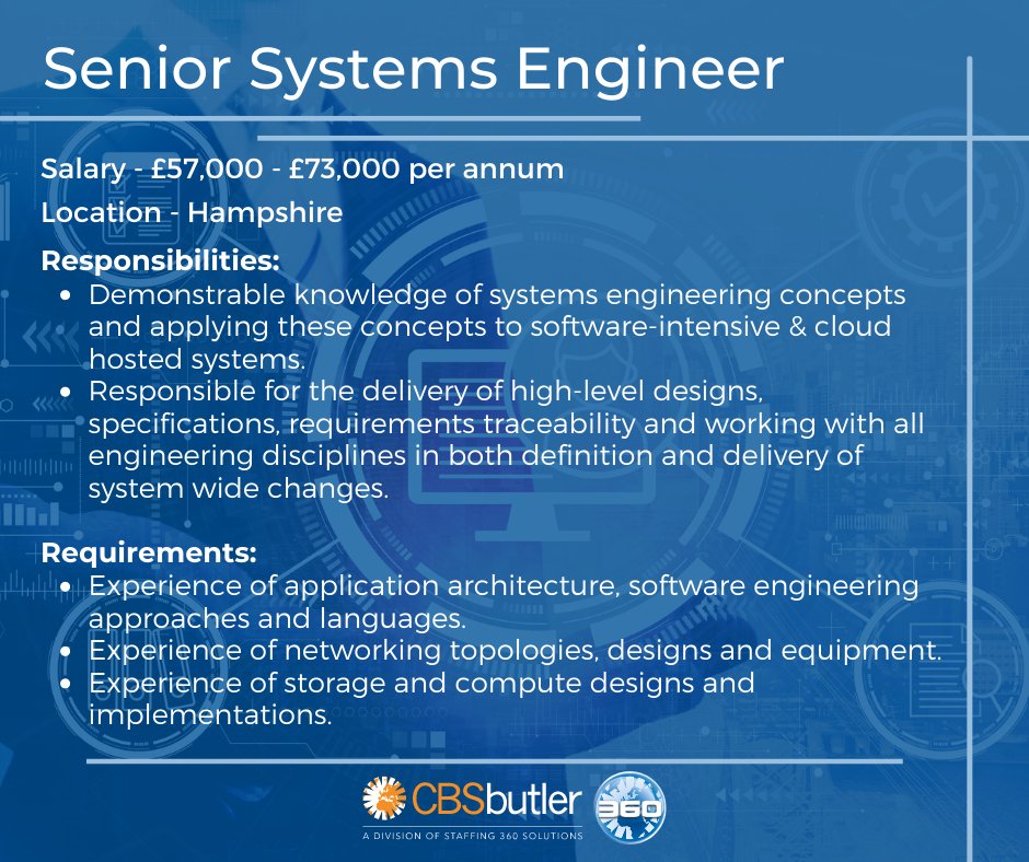 CBSbutler's tweet image. CBSbutler is working with a global leader in scientific, engineering, system integration and technical services that are looking for a Senior Systems Engineer. If you want to apply, contact Hope Grey or apply here - postly.app/1B27

#seniorsystemsengineer #systemsengineer