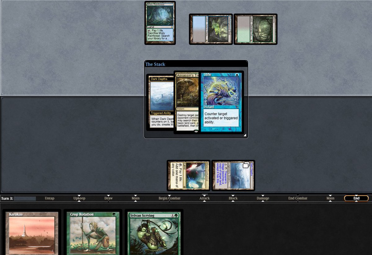 DougesOnTwitch's tweet image. One of the sweetest lines I've found in awhile 🔥

At first glance it might look like Stifle is irrelevant...
...HOWEVER!
Stifling my own Dark Depths trigger on the stack means state-based actions are now checked BEORE Trophy resolves 🤯
Very sweet interaction 🙌
 #MTG #MTGLegacy