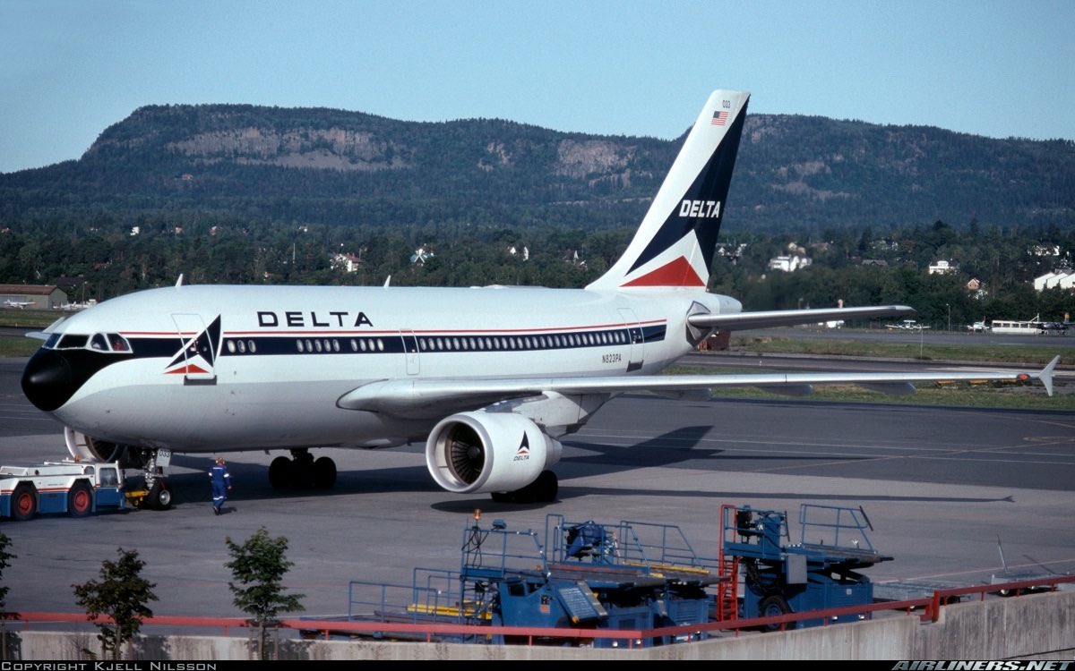 A Delta Airlines A310 seen here in this photo at Oslo Fornebu in September 1992 #avgeeks ©- See photo