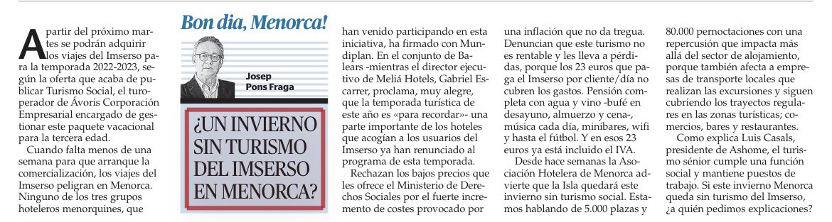 ppmenorca's tweet photo. ¿UN INVIERNO SIN TURISTAS DEL IMSERSO EN MENORCA?
Interesante reflexión de J.P.F hoy en “Diari Menorca” 👇🏼👇🏼👇🏼 https://t.co/V86nxkwxTM