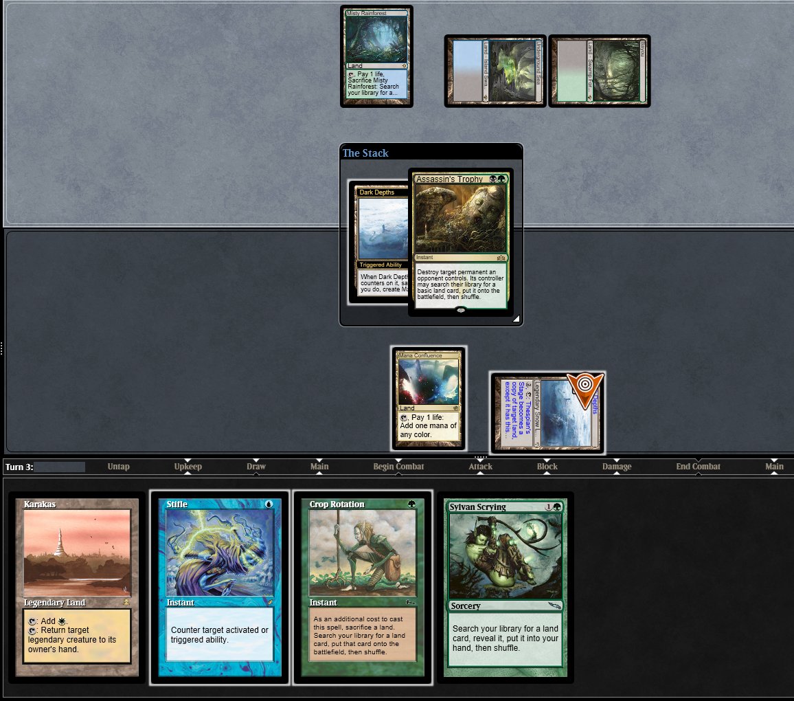 DougesOnTwitch's tweet image. One of the sweetest lines I've found in awhile 🔥

At first glance it might look like Stifle is irrelevant...
...HOWEVER!
Stifling my own Dark Depths trigger on the stack means state-based actions are now checked BEORE Trophy resolves 🤯
Very sweet interaction 🙌
 #MTG #MTGLegacy