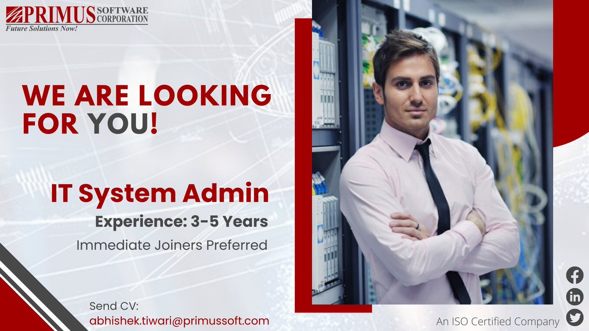 PrimusSoftCorp's tweet image. #HiringAlert
#Primus is hiring for #ITSystemAdmin who can help our IT department to develop and support cloud, windows or Unix Infrastructure. If you think you can help us, #applytoday ๐lnkd.in/evuQtMWm
#ThursdayVibes #WeAreHiring #Hiring #FutureSolutionsNow