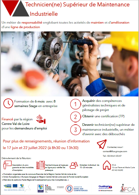carat45nathalie's tweet photo. Focus #formation TP #Technicien #Supérieur de #Maintenance #Industrielle à #INGRE #Orléans #Loiret
Le démarrage de l’action au 3 octobre 2022 possible jusqu’au 17 octobre.
5 places financées possibles
@FR_Industrie L'Industrie recrute !! Postulez! A diffuser largement https://t.co/KegdbrzkVi