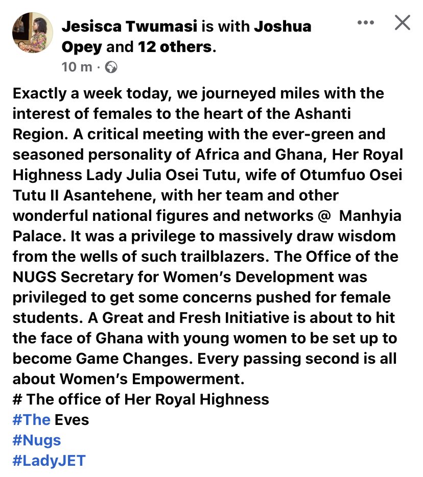 jesisca_twumasi's tweet photo. A visit to her Royal Highness, Lady Julia Osei Tutu, wife of HRM Otumfuo Osei Tutu II—the Asantehene, at the @ManhyiaPalace.
#NUGS
#WomenInPower
#LadyJet https://t.co/ay4wFR6Foi