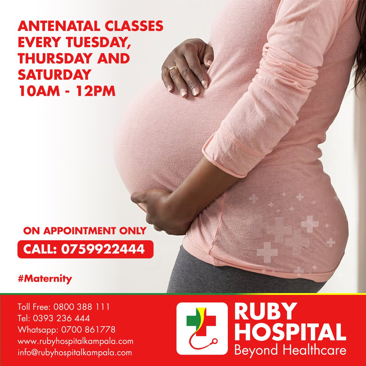 RubyhospitalUg's tweet image. Antenatal Classes are on every Tuesday, Thursday and Saturday. Attendance is by appointment only. Call 0759922444 to book today!

#RubyMedicalCenter
#RubyHospital
#BeyondHealthcare
#Maternity
#AntenatalClasses