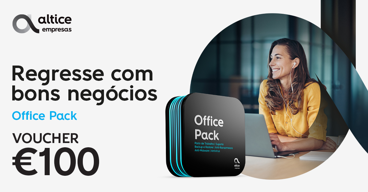 Se está de volta ao ambiente de trabalho, garanta toda a segurança dos seus dados de negócio com o novo serviço IT. Aproveite a oferta do voucher de 100€ na adesão e mantenha-se sempre protegido. Saiba mais em.altice.pt/OFFICE-PACK