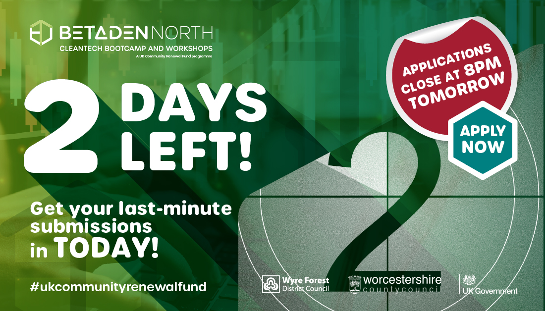🚨 2 DAYS TO GO 🚨 Tomorrow at 8pm our online Bootcamp application window will close. Get your last-minute submissions in today to be considered for this valuable programme that will drive your investment and commercial development. Apply now: bit.ly/3K34UI5
#Cleantech