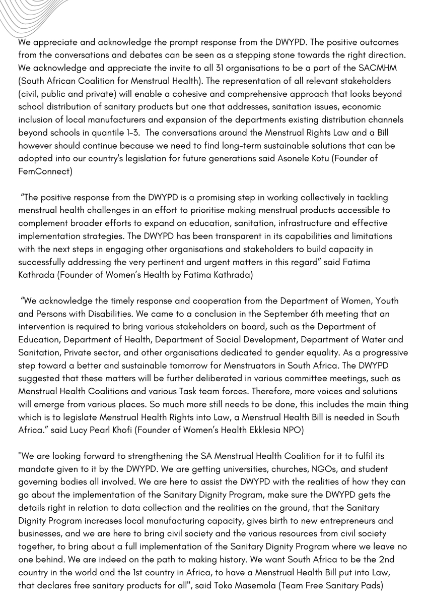 fem_connect's tweet photo. 🚨Media Statement Release: 07 September 2022 - Menstrual Rights Peaceful Walk 📢‼️ Update: DWYPD response to march and memorandum of demands.
#endperiodpoverty🩸 #teamfreesanitarypads🩸 #wegotugirl🩸#itsaboutbloodytime🩸 https://t.co/a0ZI4iDRGc