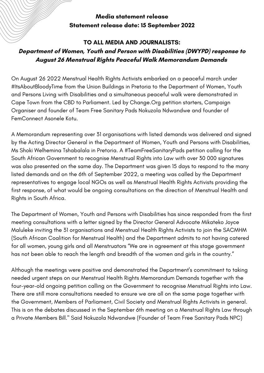 fem_connect's tweet photo. 🚨Media Statement Release: 07 September 2022 - Menstrual Rights Peaceful Walk 📢‼️ Update: DWYPD response to march and memorandum of demands.
#endperiodpoverty🩸 #teamfreesanitarypads🩸 #wegotugirl🩸#itsaboutbloodytime🩸 https://t.co/a0ZI4iDRGc