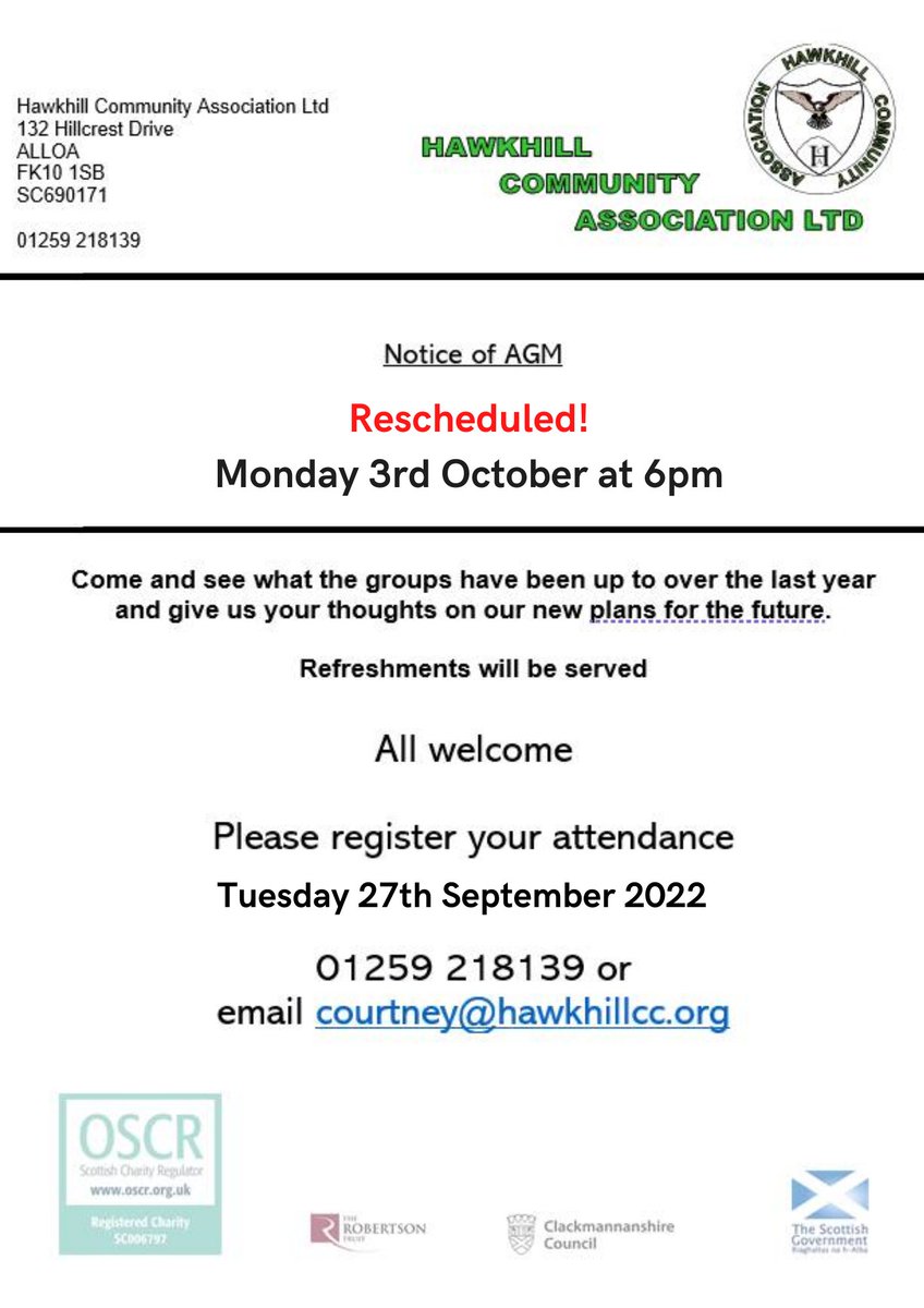 @HawkhillCC (@hawkhillcc) on Twitter photo NOTICE - AGM Rescheduled!
The previous date of our AGM (Monday 19th September) has been rescheduled to Monday 3rd October at 6pm.
Register your attendance by Tuesday 27th September by calling 01259 218139 or emailing courtney@hawkhillcc.org NOTICE - AGM Rescheduled!
The previous date of our AGM (Monday 19th September) has been rescheduled to Monday 3rd October at 6pm.
Register your attendance by Tuesday 27th September by calling 01259 218139 or emailing courtney@hawkhillcc.org