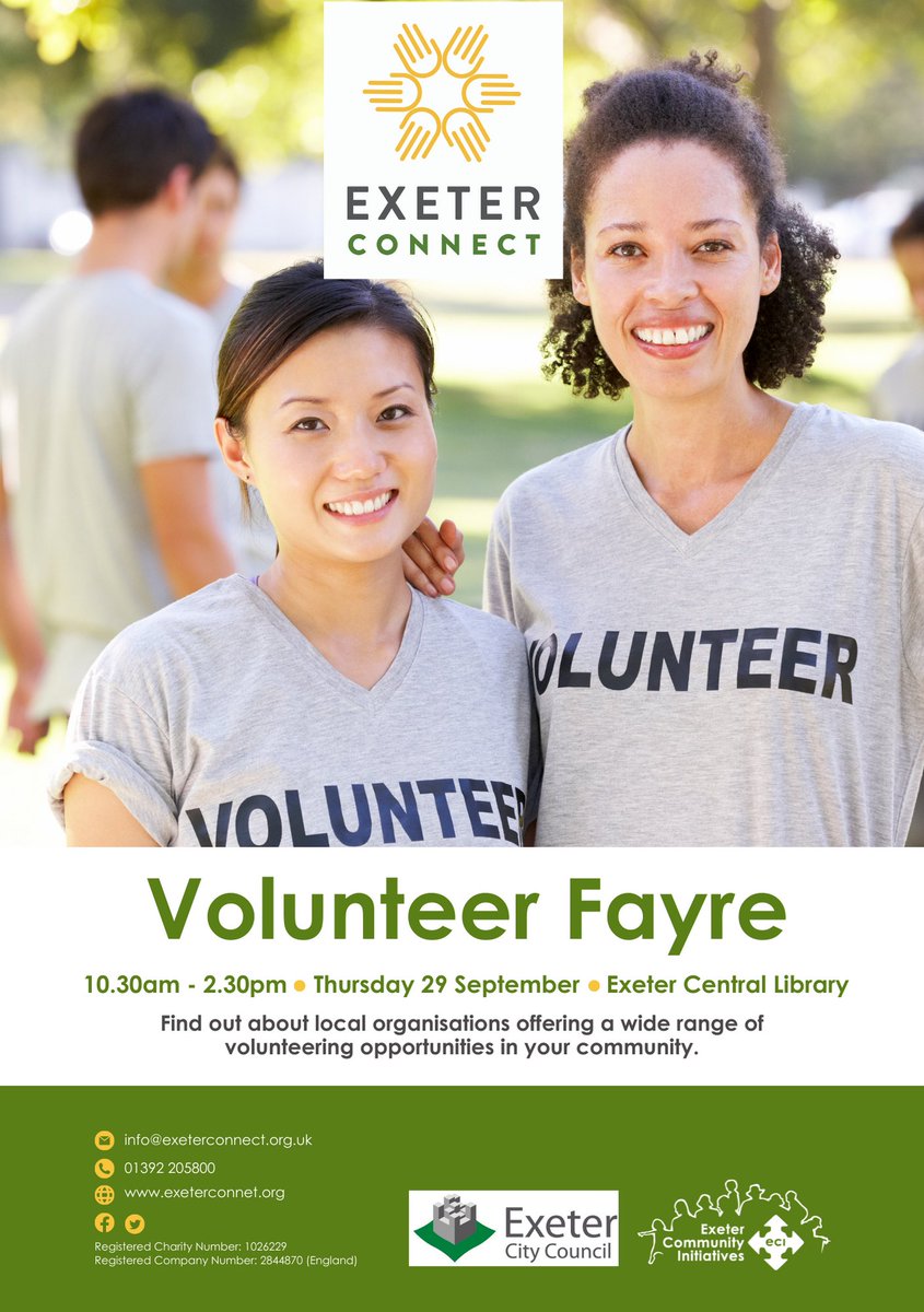 Exeter Community Initiatives (@exeterci) on Twitter photo 2 weeks & counting until #Volunteer Fayre @ExeterLibrary organised by ECI’s <a href="/exeter_connect/">Exeter Connect</a> project. Pop along on 29 Sept, 10.30-2.30pm & find your perfect role! Contact info@exeterconnect.org.uk #exetervcse #charity #exeter #volunteer 2 weeks & counting until #Volunteer Fayre @ExeterLibrary organised by ECI’s <a href="/exeter_connect/">Exeter Connect</a> project. Pop along on 29 Sept, 10.30-2.30pm & find your perfect role! Contact info@exeterconnect.org.uk #exetervcse #charity #exeter #volunteer