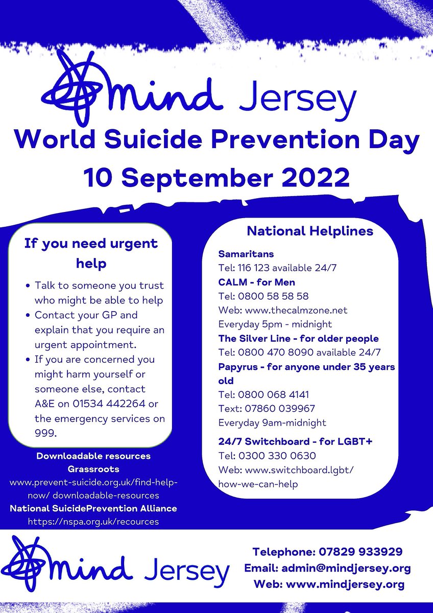 This year World Suicide Prevention Day was on 10th September. 

We have put together a list of support services and resources for when you or anyone you know needs help.

#mindjersey #suicideprevention #endthestigma #mentalhealth #mentalhealthawareness