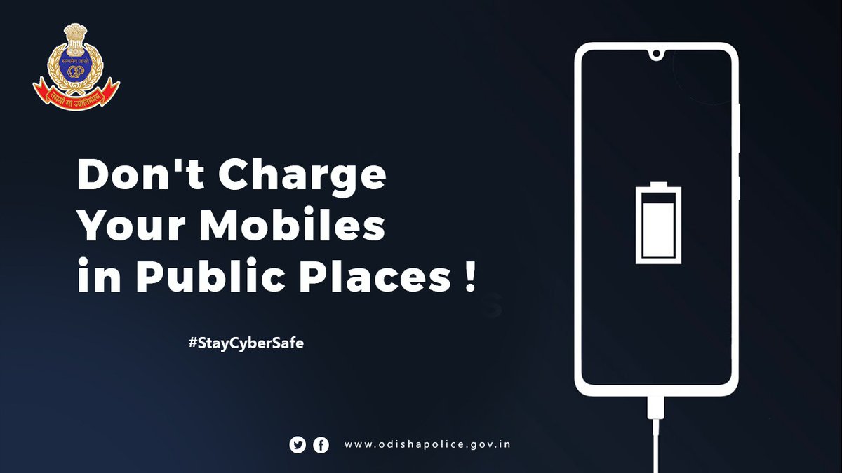 odisha_police's tweet photo. Don't charge your mobiles at public places like mobile charging station, USB power station etc. Cyber fraudsters are trying to steal your personal information from mobile and installing the malware inside your phone. #StayCyberSafe https://t.co/CubCnYlJn7