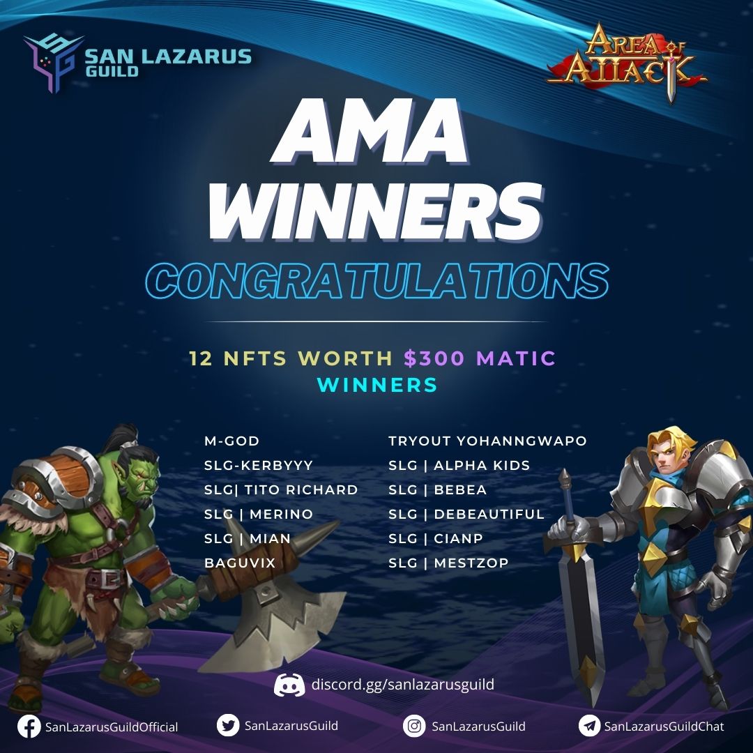 🎁🎉🔥Winners of NFTs worth $300 Matic from our previous AMA with @AreaofAttack . Congratulations❕ 🙌✨Thanks to everyone for your great support! Stay tuned for our Future Events! #SanLazarusGuild #SLG #letsbridge #p2e #nft #AMA #areaofattack 'The Future Belongs to the Fast!'