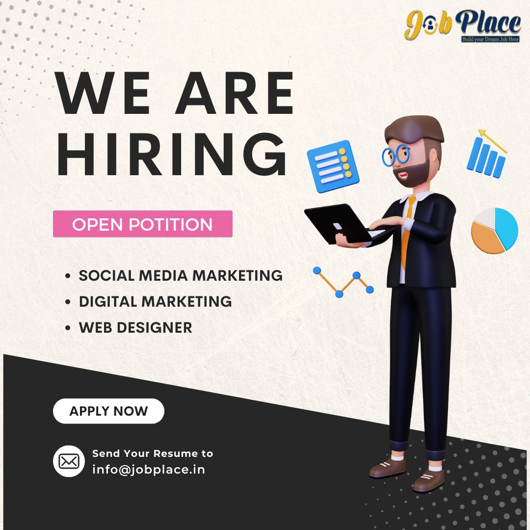 WE ARE HIRING 
> Social Media Marketing
> Digital Marketing
> Web Designer
Apply Now :-www.jobplace.in 
Send Your CV :- info@jobplace.in
#new #latest_job #resume #hiring #recruitment #opportunity #job_seeker #job