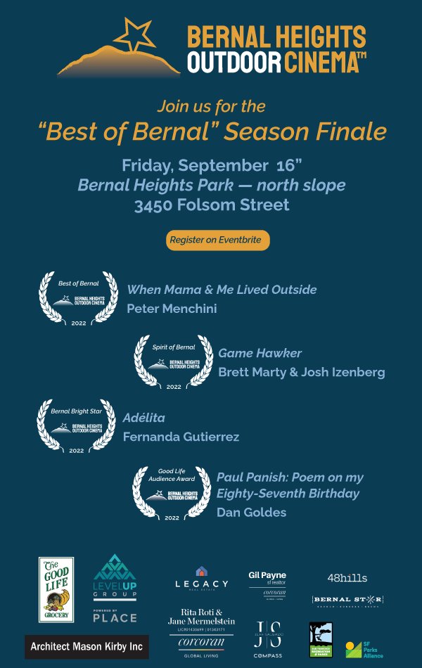 See the season's Best of Bernal award winners this Friday, 9/16 on top of The Hill. Enjoy the season finale with a view of the city under the stars. Register @ Eventbrite—conta.cc/3xtJAGH #BHOC <a href="/sfparksalliance/">SF Parks Alliance</a> <a href="/RecParkSF/">San Francisco Recreation and Park Department</a> <a href="/poormagazine/">Poor Magazine</a> @SFO_Dan <a href="/joshuaizenberg/">Josh Izenberg</a> <a href="/martyrdumb/">Brett Marty</a>
