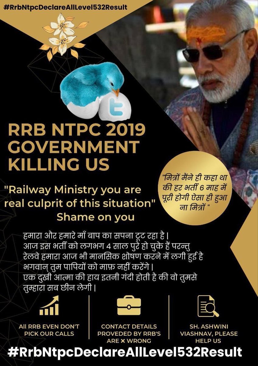 Neerajk09603301's tweet photo. #RrbNtpcDeclareAllLevel532Result
1. Declare result of RRB NTPC remaining level 5;4;3;2.

2. Declare result of typing test script.
@AshwiniVaishnaw 
@RailMinIndia 
@narendramodi 
@PMOIndia 
@Rrbmumbai 
@rrballahabad 
@RRBKOLKATA
@rrbsecunderabad
@rrbsiliguri 
@rrbmalda 
@rrcsr https://t.co/lKN4nVOEm1